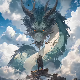 a man is looking up at a huge dragon