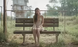 the young woman is sitting on the wooden bench