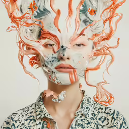 a woman is wearing some fake hair and make - up