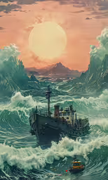 a ship in the water with an airplane near by,the battleship is in the middle of the sea with a wave in front of it