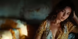 a woman sitting down on the couch wearing a yellow top