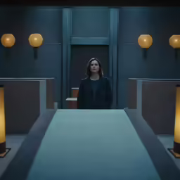 a woman stands in a dark room behind a long table with lit lamps