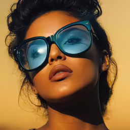 close up of a woman wearing round glasses with dark hair