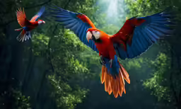 two red and blue birds fly above each other