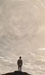 a man looks at the sky while standing on a hill