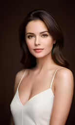an attractive woman in a white dress posing for a headshot
