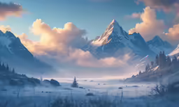 a snow covered mountain valley surrounded by fog
