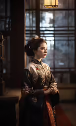 a woman in a oriental style dress looking away