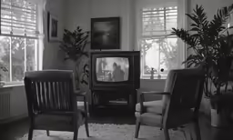 a black and white photo of people in a living room