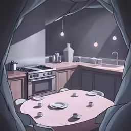 an animated image of a kitchen with a table set for six