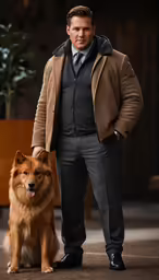 a man is standing and holding his dog