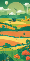 a painting of windmills in a countryside with a woman riding a bike,the landscape is in different shades of green, orange, and yellow