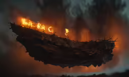 a strange piece of art with some orange writing
