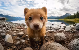 a little brown dog standing on top of a rocky beach