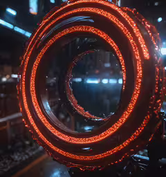 an orange tube with many lights around it,this is an electrical equipment that is covered in orange lights