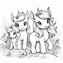 a black and white image of some cute little ponys