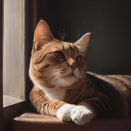 a tabby cat sits in the sunshine looking out the window