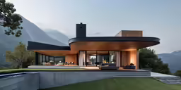 a house with wooden and glass architecture next to mountains