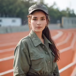 a woman with brown hair is standing on a track