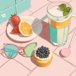 a slice of strawberry on a plate and sunglasses with fruit