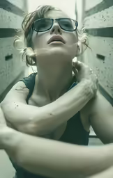 a woman swimming in an open swimming pool