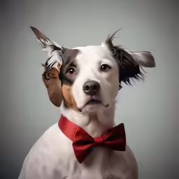 a dog with a red bow tie and feather on his head