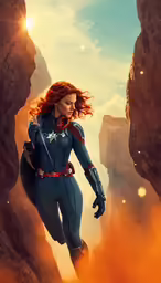 a woman wearing blue suit with a sky background