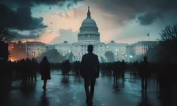 a person walking down the street in front of a building