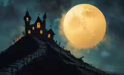 a castle with three towers on top is at night in the sky