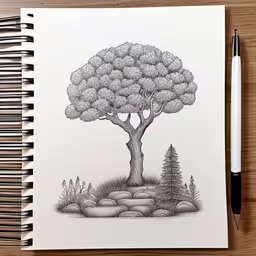 the drawing shows a tree in a field of rocks,a pen drawing of a tree and rock landscape,a drawing of a tree and rocks on a wood table,there is a pencil drawing on the paper,a drawing of a tree surrounded by plants