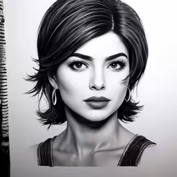 a black and white drawing of an attractive woman with dark hair