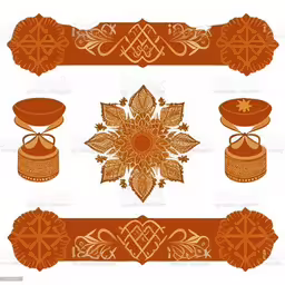 an oriental pattern with flowers on white background royalty,an orange and brown design with two bells royalty,the gold symbols in indian art work royalty,an ornamental design with bells and symbols,three pieces of an elaborate design, with ornaments on top