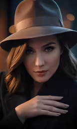 a woman wearing a hat with a black coat and black jacket