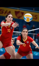 two women playing volleyball in red uniforms