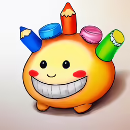a cartoon character with an odd, funny face with crayons and pencils on his head