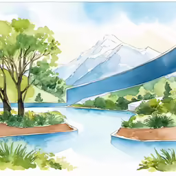 a painting of trees and water near a mountain