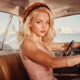 a woman is driving a car by the sea