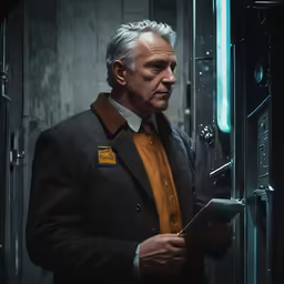 a man wearing a suit and yellow sweater looks out a elevator