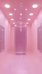 an empty pink room with two stalls