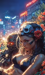 a girl in cyber fiction next to some flowers