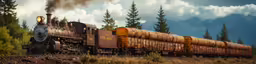 an old style train has many logs on the track