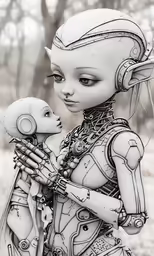 a robot holding a baby doll is posed
