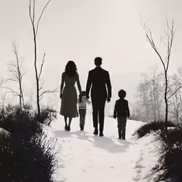 black and white photograph of three people in the snow holding hands