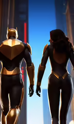a couple of futuristic woman walking through a city