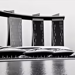 the building is very large, near water and under the bridge