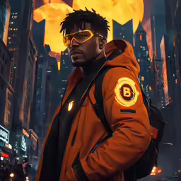 a man standing in front of the city skyline at night