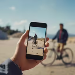 a person taking a photo on their smartphone of two cyclists