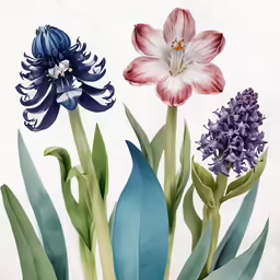 a close up of three flowers in a vase on a white background