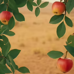 apples hang from trees in an arid area