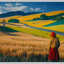 a woman wearing a red hat and standing in a field